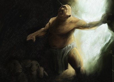 Odissea di Omero: il Ciclope Polifemo viene accecato da Ulisse nella sua grotta (Illustrazione di Alessandro Lonati, 2010) da Alessandro Lonati
