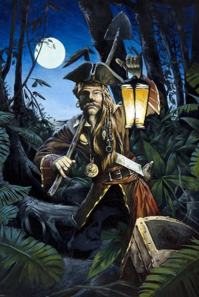 Pirata dei Caraibi con lanterna, di notte, che nasconde il suo tesoro nella foresta di un
