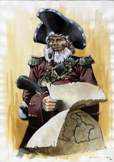 Ritratto di un pirata o marinaio con un tricorno e una mappa del tesoro in mano da Alessandro Lonati