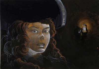 Ritratto di una donna pirata (corsara) o marinaio nella notte, illuminata dalla lanterna di un altro pirata. Disegno a colori di Alessandro Lonati da Alessandro Lonati