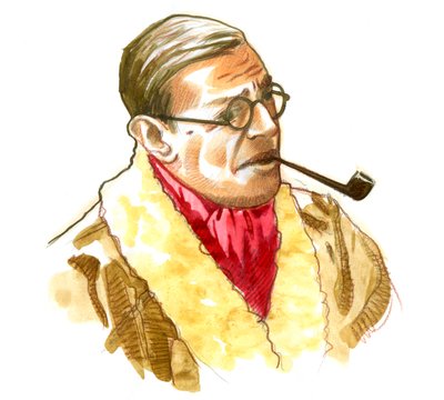 Ritratto dello scrittore, filosofo e drammaturgo francese Jean-Paul Sartre (disegno) da Alessandro Lonati