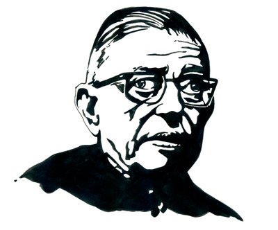 Ritratto dello scrittore, filosofo e drammaturgo francese Jean-Paul Sartre da Alessandro Lonati