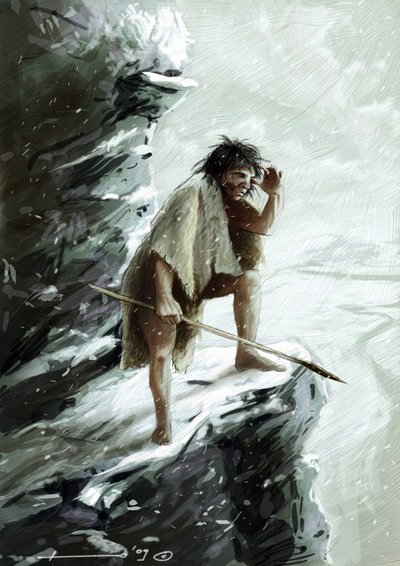 Preistoria: un uomo di Neanderthal sotto la neve, su una roccia guarda l