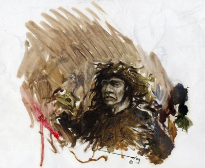 Preistoria: rappresentazione di un uomo di Neanderthal nel Paleolitico medio. Disegno di Alessandro Lonati da Alessandro Lonati