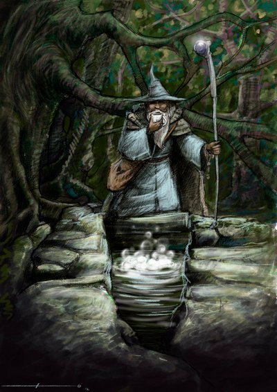 Rappresentazione di un druido che beve alla meravigliosa fontana di Barenton, nella foresta di Broceliande - Illustrazione di Alessandro Lonati - 2012 da Alessandro Lonati
