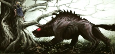 Rappresentazione della leggendaria bestia di Gevaudan che attacca una bambina su un albero (Illustrazione di Alessandro Lonati, 2010) da Alessandro Lonati