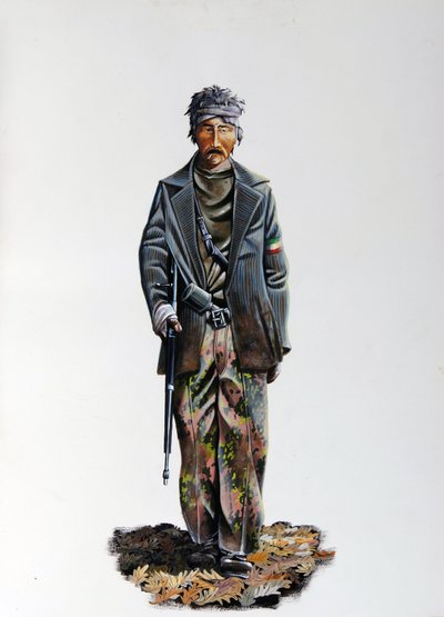 Seconda Guerra Mondiale: un membro della Resistenza Italiana (partigiano), con indosso una tuta mimetica e armato di mitragliatrice. 1943-1945 da Alessandro Lonati