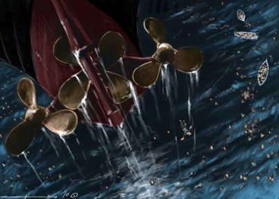 Vista delle eliche del transatlantico Titanic al momento dell