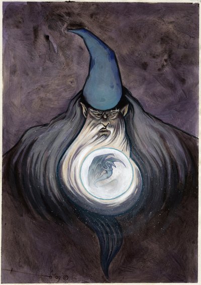 Mago con sfera che evoca un drago. Disegno a colori di Alessandro Lonati da Alessandro Lonati