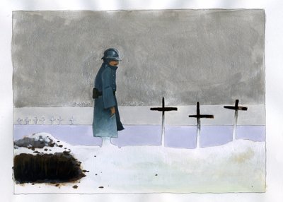 Prima Guerra Mondiale: un soldato francese in una tomba di guerra che guarda le croci da Alessandro Lonati