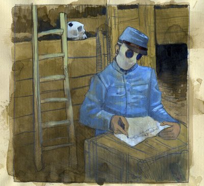Prima Guerra Mondiale: un soldato francese che scrive una lettera in una trincea, indossando una maschera antigas da Alessandro Lonati