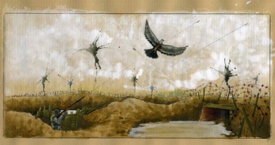 Prima Guerra Mondiale: un piccione viaggiatore che trasporta un messaggio preso di mira da un soldato tedesco in una trincea cercando di recuperare un messaggio 1914-1918 da Alessandro Lonati