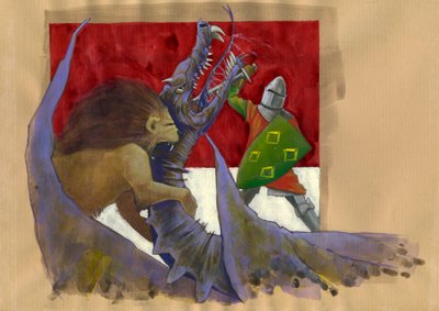 Ivano, il Cavaliere del Leone che combatte il drago Illustrazione di Alessandro Lonati da Alessandro Lonati