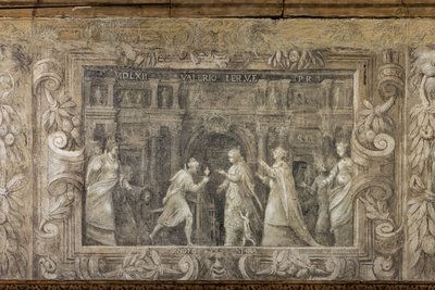 Affresco monocromo che riproduce produzioni teatrali da Alessandro Maganza