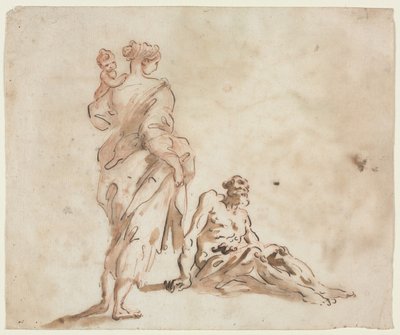 Donna in piedi che tiene un bambino, un uomo seduto ai suoi piedi da Alessandro Magnasco