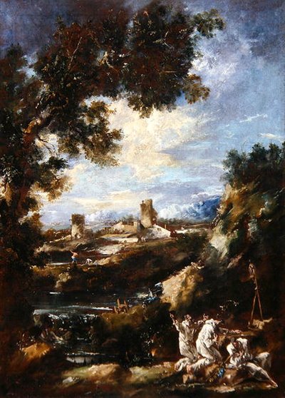 Paesaggio con frati carmelitani che pregano a un santuario lungo la strada da Alessandro Magnasco