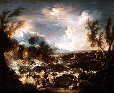 Costa rocciosa in una tempesta con monaci eremiti che ricevono provviste da Alessandro Magnasco
