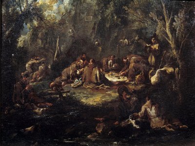 Scena di vita monastica Monaci a colazione, in preghiera e in lettura in un sottobosco. Dipinto di Alessandro Magnasco da Alessandro Magnasco