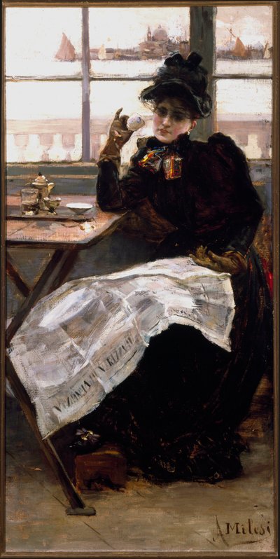Una donna in nero, che legge il giornale, sorseggiando una tazza di caffè in un bistrot. Dipinto di Alessandro Milesi (1856-1945) Genova Galleria d