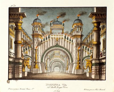 Un tempio al tempo di Gengis Khan Scenografia per il balletto "Genis-Kan" del coreografo italiano Giovanni Galzerani (1828). Litografia in "Raccolta di invenzioni sceniche del 1830 di Alessandro Sanquirico" da Alessandro Sanquirico