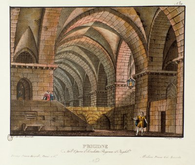 Norfolk visita il prigioniero Leicester nella scenografia della prigione per la rappresentazione del 1828 dell
