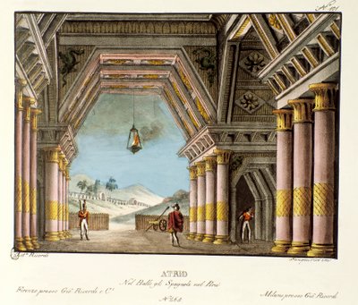 Veduta di una grande sala di palazzo. Scenografia per il balletto “Gli spagnoli nel Perù” del coreografo italiano Giovanni Galzerani (1780-1865) (1828). Litografia in “Raccolta di invenzioni sceniche del 1830 di Alessandro Sanquirico (1777-1849)”. Milanese da Alessandro Sanquirico
