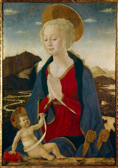 La Vergine con il Bambino. Entrambi indossano aureole dorate. Dipinto su legno di Alessio Baldovinetti (1425-1499) XV secolo da Alessio Baldovinetti