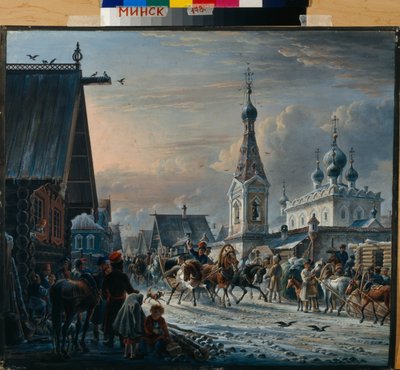 Slitte postali russe (troika) che circolano in una strada d