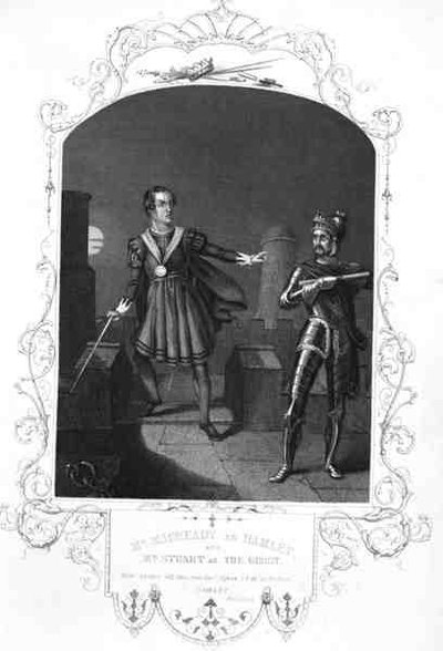 Mr Macready come Amleto e Mr Stuart come Il Fantasma, Atto I Scena 5, in Amleto di William Shakespeare, inciso da George Hollis da Alexander (after) Reid