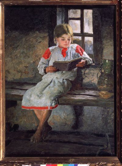Una lettura meravigliosa. Una bambina seduta vicino alla finestra, assorbita dalla storia del suo libro. Peinture de Alexander Alexeyevich Kiselev (1855-dopo 1918), olio su tela, circa 1890. Arte russa 19° secolo. Galleria Tretyakov da Alexander Alexeyevich Kiselev