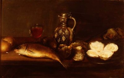 Natura morta con brocca di terracotta, pesce e ostriche da Alexander Andriessen