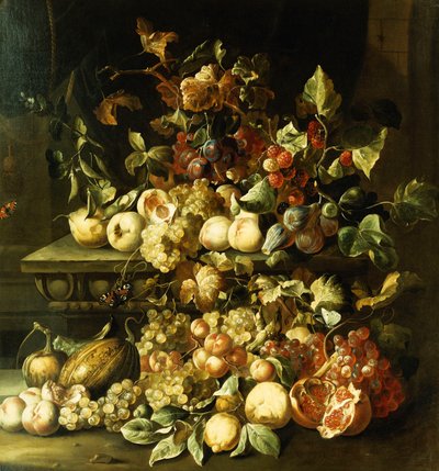 Uva, fichi, lamponi e altra frutta su un ripiano di pietra da Alexander Coosemans
