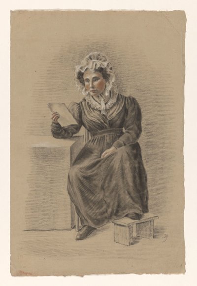 Donna seduta con il piede su uno sgabello, che legge una lettera da Alexander Cranendoncq