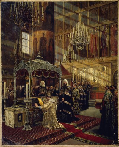 Lo zar di Russia Alessio I Michailovič e il patriarca Nikon sulla bara di Filippo I da Alexander Dimitrievitch Litovtchenko