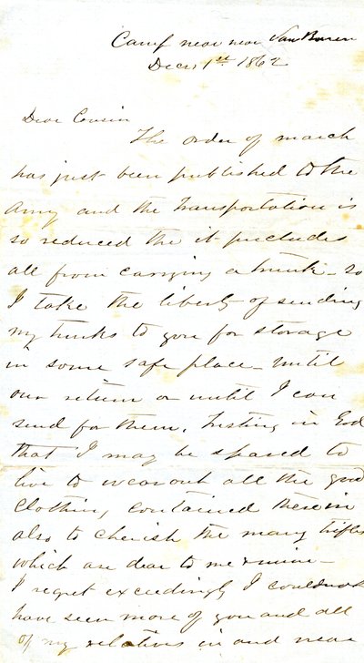 Lettera firmata A.E. Steen, campo vicino a Van Buren, al cugino Mrs. Mary Walker, Van Buren, Ark., 1 dicembre 1862 da Alexander Early Steen