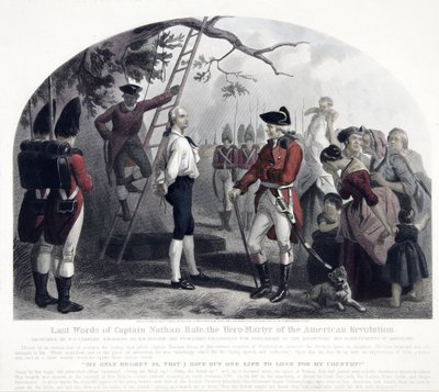Ultime parole del capitano Nathan Hale, pub. 1858 (incisione colorata a mano) da Alexander Hay Ritchie