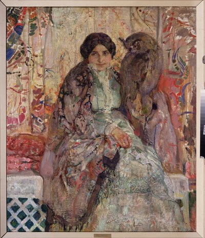 Donna con un gufo reale. Dipinto di Alexander Ivanovich Savinov (1881-1942) da Alexander Ivanovich Savinov