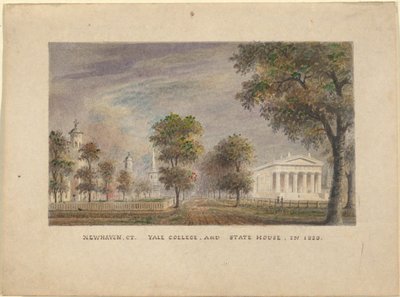 New Haven CT. Yale College e State House nel 1830 da Alexander Jackson Davis