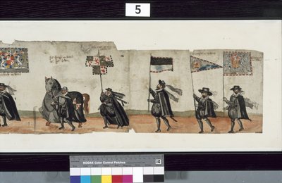 Dettaglio dal corteo funebre di Huntly, detto essere stato usato per le esequie di George 1°, Marchese di Huntly da Alexander Kincaid
