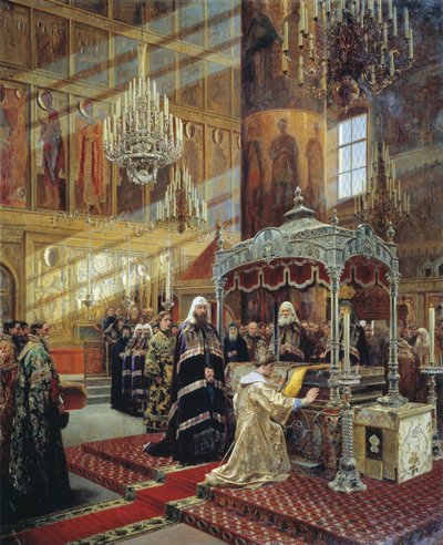 Lo Zar Alessio e il Patriarca Nikon alla bara del Metropolita Filippo di Mosca da Alexander Litovchenko