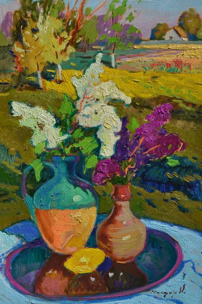 Paesaggio con natura morta dai vivaci toni lilla da Alexander Shandor