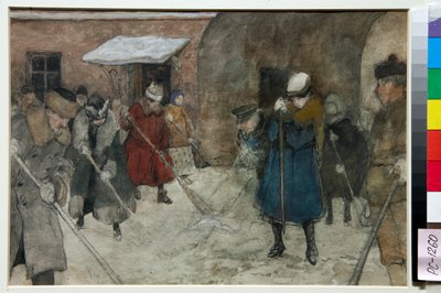 Persone che spazzano la neve in una strada d