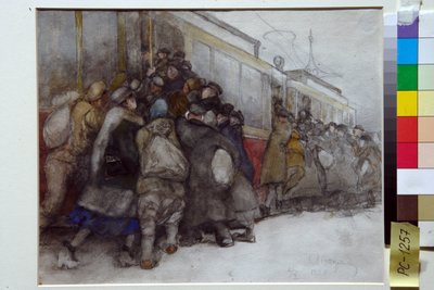 Persone che cercano di salire su un tram già pieno da Alexander Vakhrameyev