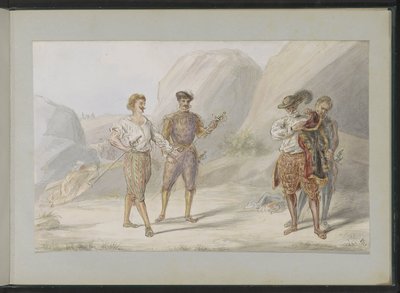 Quattro uomini con spade in un paesaggio roccioso da Alexander Ver Huell