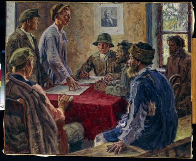 Una riunione del comitato dei contadini poveri nel 1918. Dipinto di Alexander Viktorovich Moravov (1878-1951) da Alexander Viktorovich Moravov