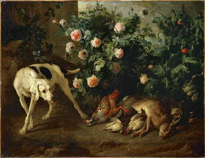 Cane da guardia vicino a un cespuglio di rose - Chien gardant du gibier aupres d