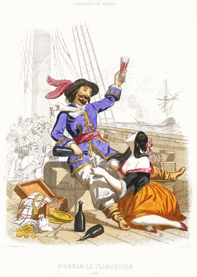 Il capitano Henry Morgan si diverte con vino e donne, in vero stile pirata, metà XIX secolo da Alexandre (after) Debelle