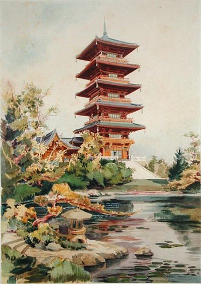 Torre Giapponese nel Parco Reale di Laeken, Belgio, da Orientalisme et Architecture Contemporaine, inciso da Jules Adolphe Chauvet da Alexandre Auguste Louis Marcel