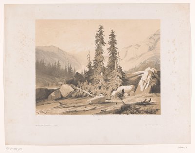 Paesaggio montano con abeti e capre di montagna da Alexandre Calame