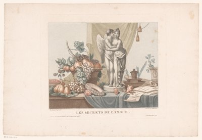 Natura morta su un tavolo con una statua di Cupido e una giovane donna, forse Venere da Alexandre Chaponnier